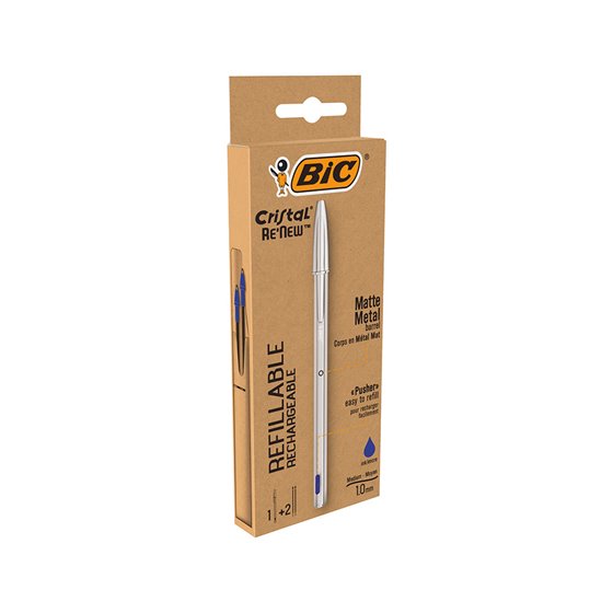 Boligrafo Bic Cristal Renew Tinta Azul Con Cuerpo En Aluminio Mate Mas 2 Recambios En Caja Carton