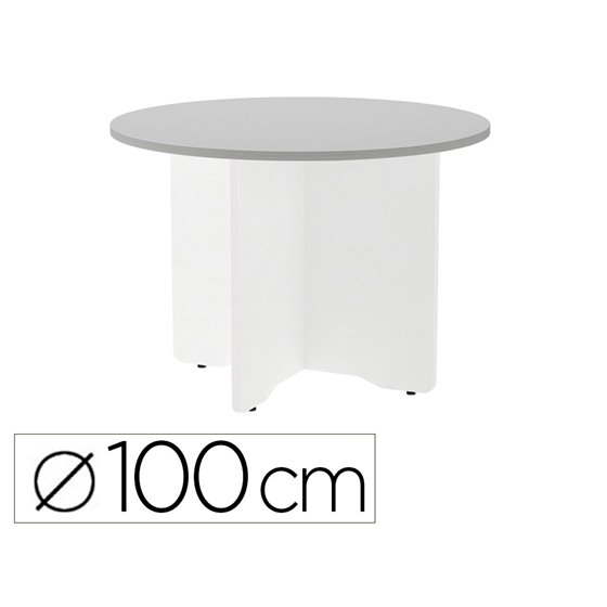 Mesa De Reunion Rocada Redonda 3005Aw02 Estructura Madera En Aspas Color Blanco Tablero Gris 100Cm Diametro