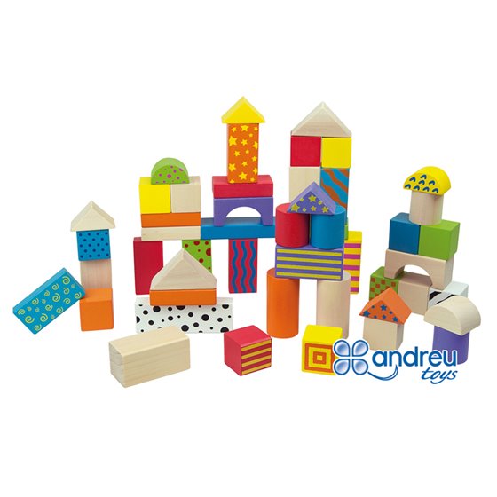 Juego Andreutoys Construccion Bloques Madera 50 Piezas 18X18 Cm